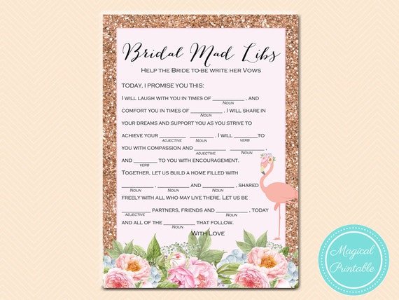 Mad Libs, Help Bride write her Vows, Bridal Shower Mad Lib, Flamingo ...