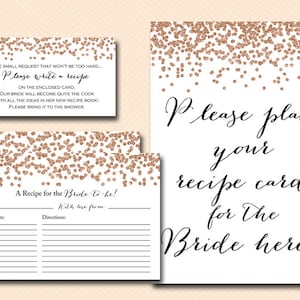 Rose Gold Bridal Shower Recipe Card and Insert, Bridal Shower Recipe Cards, Gold Confetti Bridal Shower, Recipe card inserts BS155