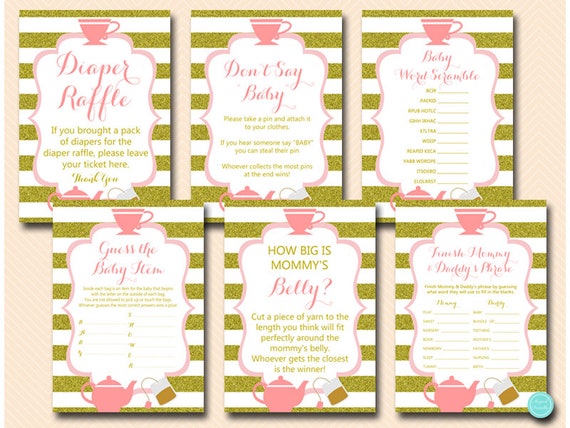 Pink Gold Tea Party Baby Shower Games Package, Instant Download, tea party baby shower, diaper raffle, don't say baby, scramble tlc629 Il_570xn