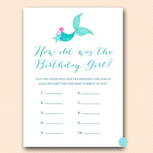 Puede incluir: Una tarjeta de juego imprimible con una ilustraci&oacute;n de sirena y el texto "&iquest;Qu&eacute; edad ten&iacute;a la cumplea&ntilde;era?"  &iquest;Puedes adivinar la edad de la cumplea&ntilde;era en cada imagen? &iexcl;Acierta la mayor cantidad para ganar!  Hay 10 l&iacute;neas con los n&uacute;meros del 1 al 10 en el lado izquierdo y l&iacute;neas en blanco en el lado derecho para escribir las conjeturas.