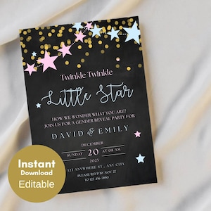 Editable Twinkle Twinkle Birthday, Twinkle Gender Reveal Invitation, How I wonder what you are, gender reveal party invitation TLC46 ZZ09