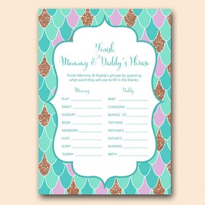 Mermaid Baby Shower Games,  Finish Mommy and Daddy&#39;s Phrase, Finish the phrase, Baby Shower Games, Baby Shower Games Printable TLC516