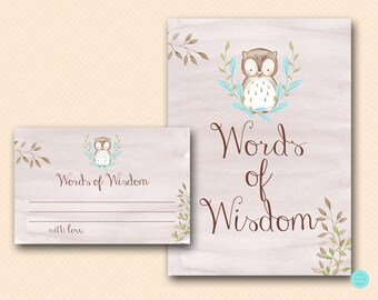 Owl Words of Wisdom Cards, Advice Cards,Woodland Bridal Shower Game Printable, Owl Baby Shower words of wisdom, TLC401B TLC401 BS401