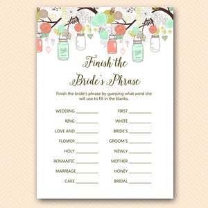 Finish the Bride's Phrase, Finish the Phrase Game, Mint and Coral Mason ...
