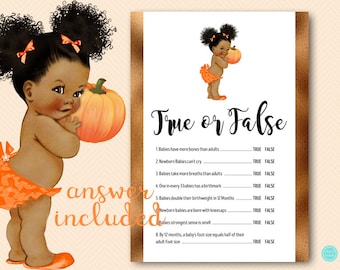 True or false baby shower game, Baby Trivia, Baby Facts, Pumpkin baby Shower Game, African American Baby, Dark skin Pumpkin Baby TLC678