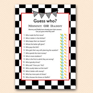 Racing Car Mommy or Daddy Game, Guess who baby shower game, Printable Baby Shower Games, Who knows Mommy and Daddy Best TLC113