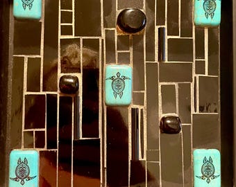 Tiki Turtles - Mosaic - Floating Frame - Black Glass - Gold Grout - Ocean Vibes - Modern Mosaic - Stained Glass - Handmade
