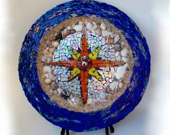 All Directions Point to the Sea - Stained Glass / Mosaic / Ocean / Sand / Wall mosaic / Blue glass / Iridescent / Nautical / Gift / Cats