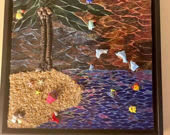 Happy Hour - Mixed media mosaic - Florida sunset - Mosaic - Floating Frame - Wall Art - Holiday - Gift for - Florida - Handmade - Local