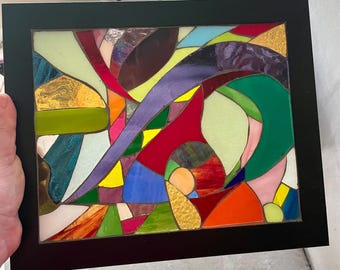 Modern Flow - Stained Glass - Mosaic - Glass on Glass - Original Pattern - Framed - Ready to hang - Holida gift idea