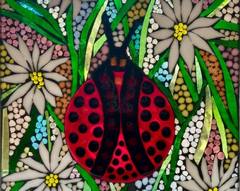 Ladybug Way - Stained Glass Mosaic, Glass on Glass, Mosaics, Gifts, Handmade, Woman Owned, Window Art
