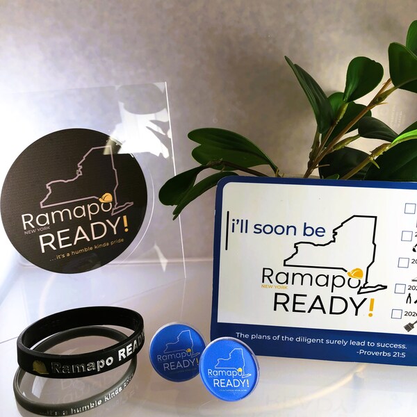 6-PIECE GOAL STARTER Kit - Ramapo Ready Black&Gray Bundled Package—2-Pins, 2-Bangle Bracelet Wristbands, 1-Countdown Magnet, 1-Window Cling