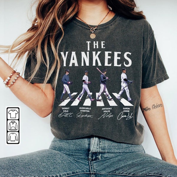 Yankees Walking Abbey Road Signatures Baseball Shirt, Aaron Judge, Giancarlo Stanton, Gerrit Cole, Anthony Volpe, New York Vintage 1410 VCT