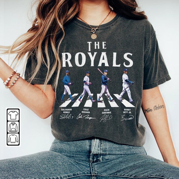 Camiseta de béisbol Royals Walking Abbey Road Signatures, Bobby Witt Jr., Zack Greinke, Salvador Pérez, Cole Ragans, Kansas City Vintage 1310 VC