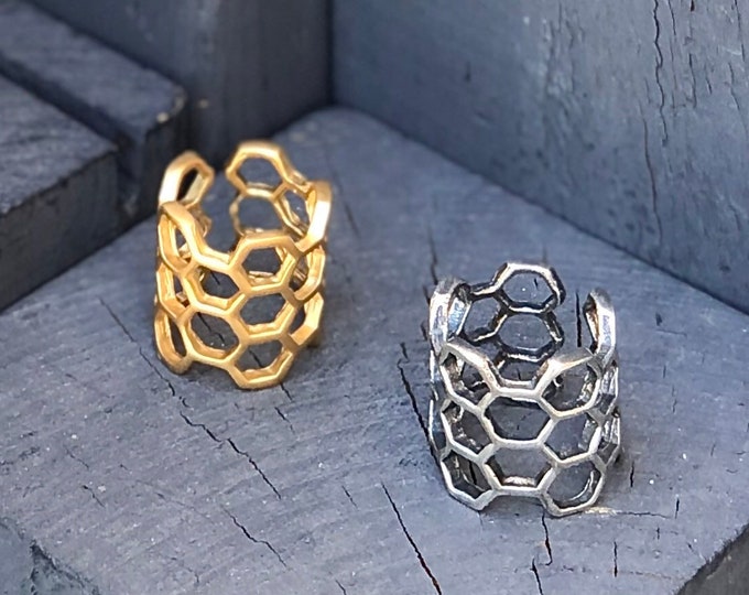 Wide Geometric Adjustable Bee Hive Oxidized Silver Ring or Matte Gold Plated Statement Contemporary Art Deco Jewelry, Bee Jewelry Findings