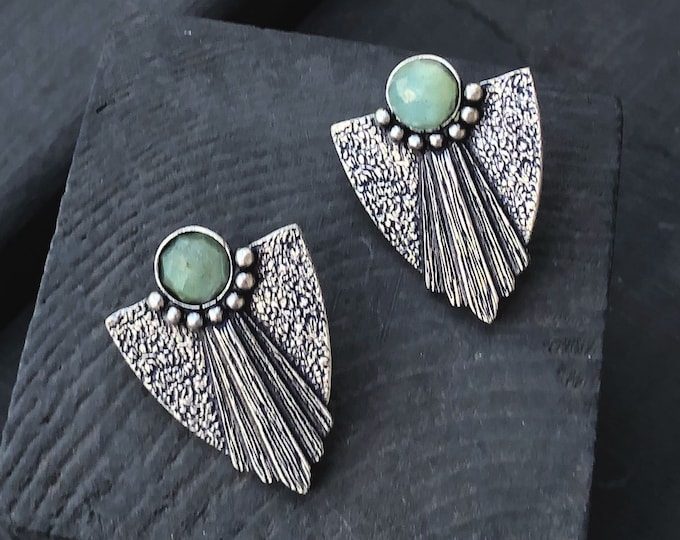 Aquamarine Stud Earrings Punk Triangle Oxidized Silver Shield Game of Thrones Art Deco Fine Israeli Designers Unique Earrings