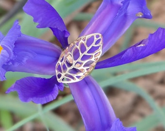 Bague réglable en feuille d’or 14K, Bijoux Art Déco Open Nature, Bague Festival Summer Spring Blooming, Bague Unique Cool Silver