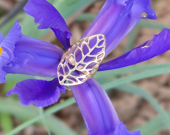 Adjustable 14K Gold Leaf Ring, Art Deco Open Nature Jewelry, Festival Summer Spring Blooming Ring, Unique Cool Silver Ring