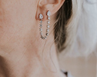 Dangle drop Silver Earrings, chain earrings, CZ earrings,  Double Piercing Earrings, Double Lobe Earrings, Double Piercing two hole Earrings