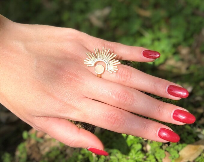 Adjustable Aquamarine 14K Gold Plated Open Sun Ring, Bohemian Jewelry Findings, Edgy Ring, Art Deco Statement Jewelry