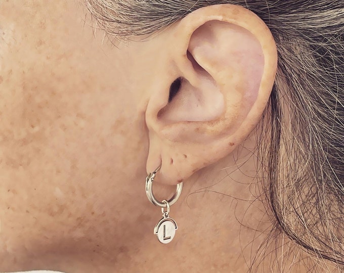 CUSTOM Personalized Silver or Gold filled Hoops Earrings with Initial letter Retro 90's Design English and Hebrew Name Plate Earrings