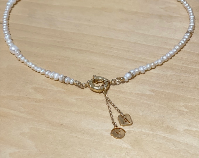 CUSTOM  2 Engraved Retro Letter Necklace, Pearl Necklace Initial Name Necklace Made to Order Silver or Gold Plated Nameplate Necklace