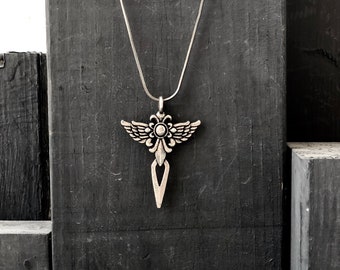 Gothic Wings Rock Jewelry, Silver Chain Gothic Necklace, Oxidized Silver Chain Necklace Black Pendant for Men, Rock Jewelry for Women