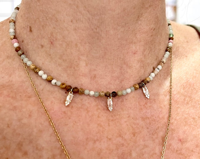Gem stones Necklace, Modern Necklace, strands choker,  spike necklace, urban style jewelry,  mixed gems, charm necklace