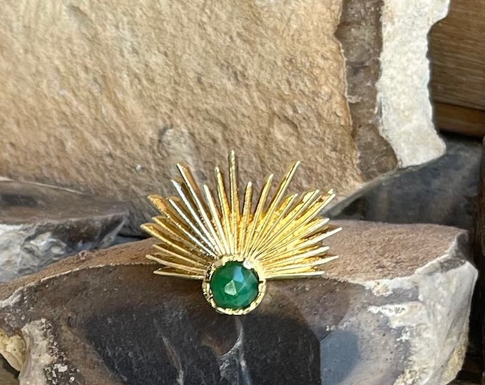 Sun Adjustable Ring, Emerald Green 14K Gold Plated Art Deco Ring, Dainty Statement Jewelry, Fantasy Ring, Oxidized Silver Ring, gothic ring