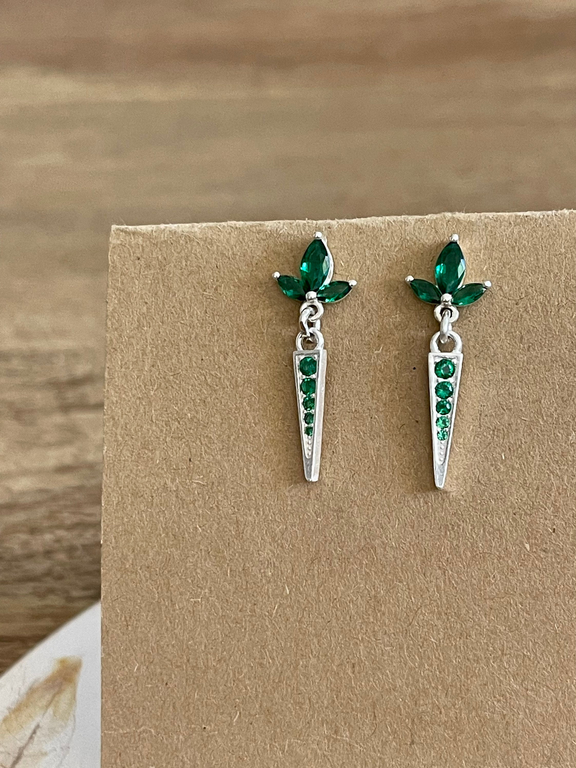 Wedding Earrings, 18K White Gold Earrings, Diamond Emerald Earrings, Emerald  Cluster Earrings, Green Emerald Earrings, Unique Leaf Earrings, Statement  Earrings