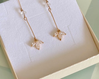 Dainty Retro Vintage Dangle Gold filled Bridesmaid Jewelry, delicate earrings, leaf charms, minimal earrings, Paved Earrings, Bridal jewelry