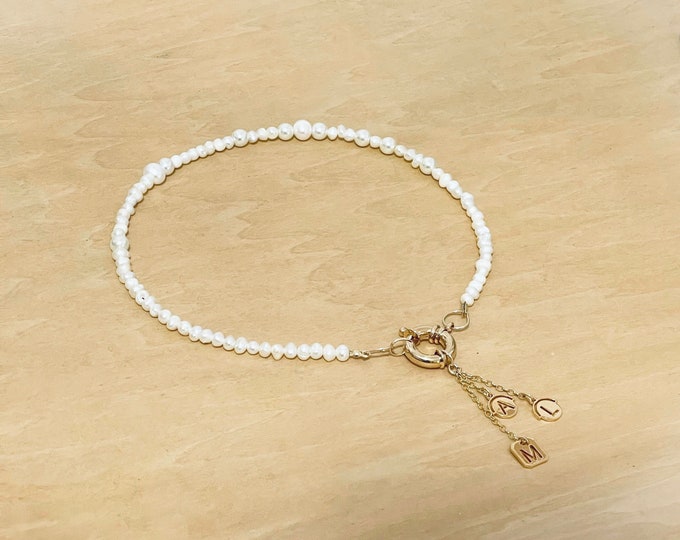 CUSTOM 3 Engraved Retro Letter beaded Necklace, Freshwater pearl necklace with customized letter, Personalized dropped Nameplate Necklace