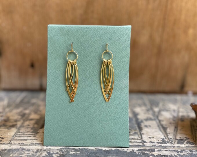 Unique Fringe Earrings Hanging Gold Dangle Curved Fringe Hoop Earrings Handmade 14K Matte Gold Medium Drop Earrings Jewelry