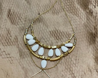 Unique Jewelry White Stone Necklace Boho Ethnic Bohemian Gold Big Lava Gemstone Chunky Pendant Necklace