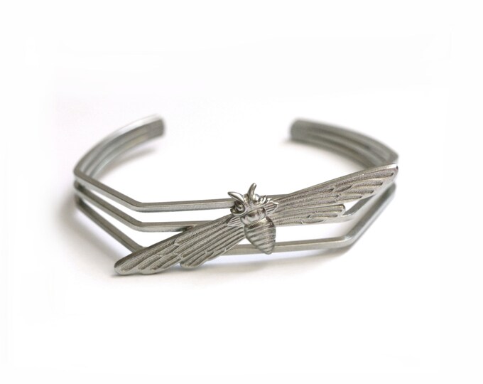 Geometric Dragonfly Oxidized Silver Bracelet Cuff Bangle Handmade Unique Womens Statement Bohemian Adjustable Cuff Bangle