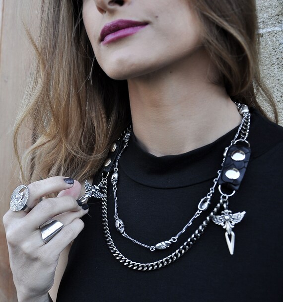 Silver Goth Chains Charms Necklace Mix Material Celtic Rock