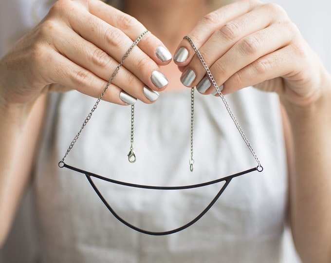 Contemporary Black Silver Urban Pendant Futuristic Necklace Unique Israeli Jewelry Statement Mid century Modern Big Line Necklace for Her