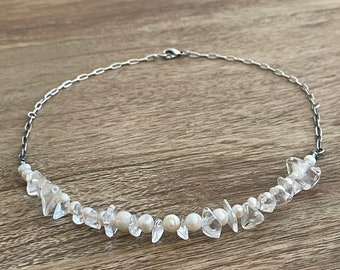 Glass stones and Pearl Necklace, choker Acrylic and Freshwater Pearl Choker boho white pearl Czech beads glass beads mixed beads choker