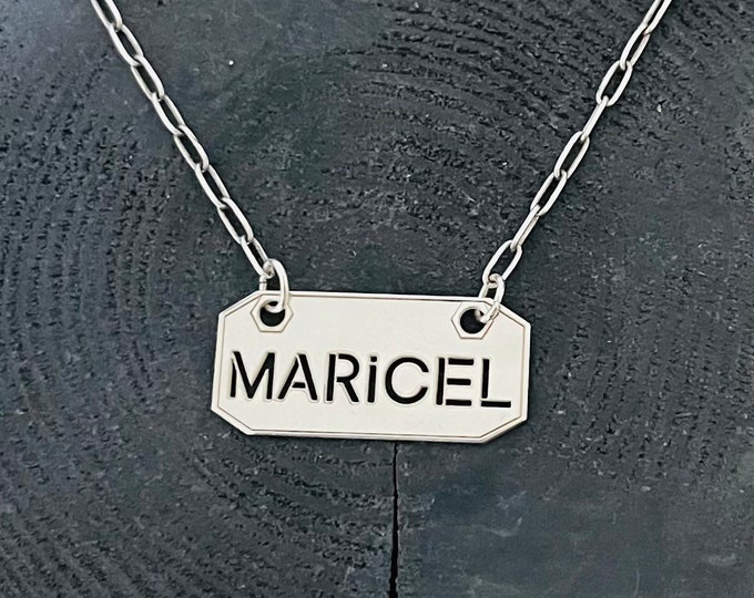 Silver CUSTOM Nameplate Bar Necklace, Retro English Name Plate Solid Silver 925 Chain Personalized Jewelry, Modern Name Bar Necklace