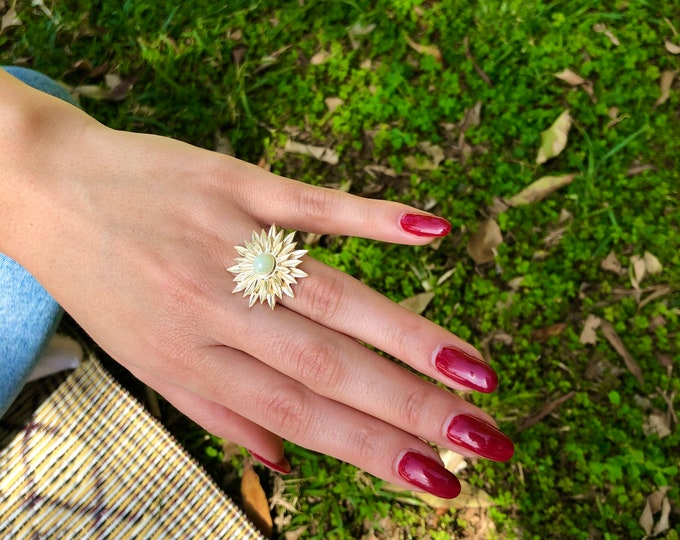 Adjustable Aquamarine Flower Ring 14K Gold Plated Game of Thrones Art Deco Jewelry Statement Flower