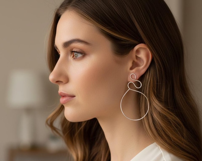 Silver Hoops Circle Threader Earrings Unique Jewelry Offbeat Minimalist Urban Earrings Women Jewelry Gifts for Her Unique Handmade Design