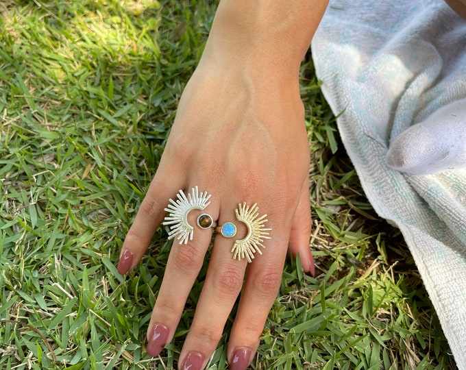 Adjustable Tiger Eye Silver Plated Ring, Quirky Jewelry Findings, Modern Cool Ring, Open Sunshine Ring, Bohemian Fantasy Unique Ring for Her