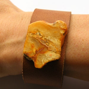 Amber bracelet,natural leather, bown, genuine amberstone, yellow nuance,polished, modern, for him or she, giftbox, NEW, UNIQUE Handmade