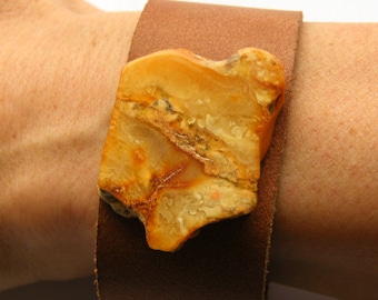 Amber bracelet,natural leather, bown, genuine amberstone, yellow nuance,polished, modern, for him or she, giftbox, NEW, UNIQUE Handmade