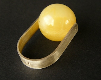 Milky Yellow Baltic Amber Ring, Matte Sterling Silver