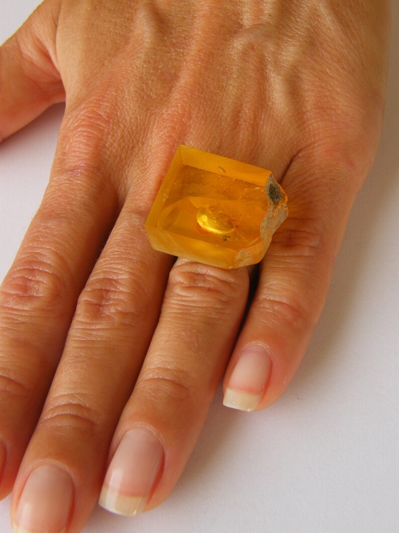 Bague Ambre, Miel, orange, jaune, rail Argent massif, ambre véritable, pépites, design moderne, pour elle, coffret cadeau, Neuf, UNIQUE Fait main image 2