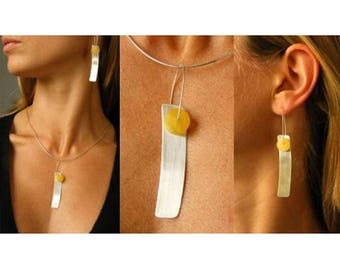 Bernstein Schmuck Set, Ohrhänger, Kette Anhänger, versilbert milchig gelb, Sterling Silber 925, modern, mit Kette, für Frau, neu, Unikat