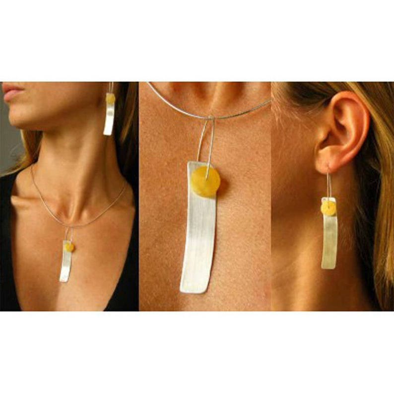 Amber jewelry set, Earrings, Necklace pendant, Silver Milky Yellow, sterling silver 925, modern, with chain, for woman, new, Unique image 1