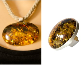 HUGE Amber SET Jewellery, Amber pendant and ring GOLD genuine Amberstone, matte sterling silver 925, Mother Day gift, Unique, Hand made