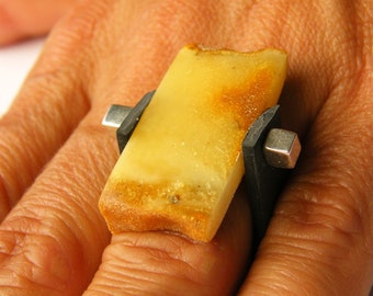 Ring, baltic amber, sterling Silver 925, Yellow, Handmade, Unique